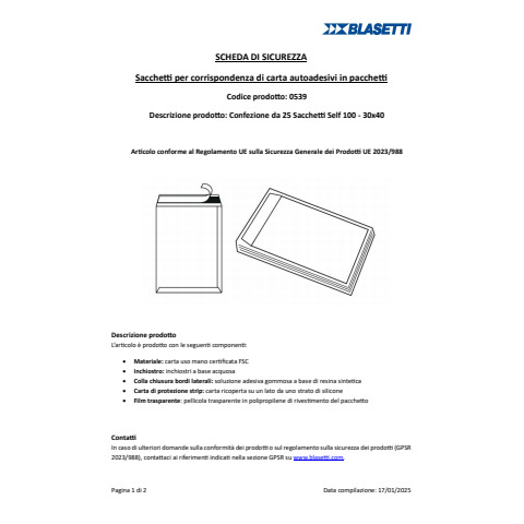 Busta a sacco Blasetti Self bianco - 100 g/m2 - in conf. 25 buste - 300x400 mm 539